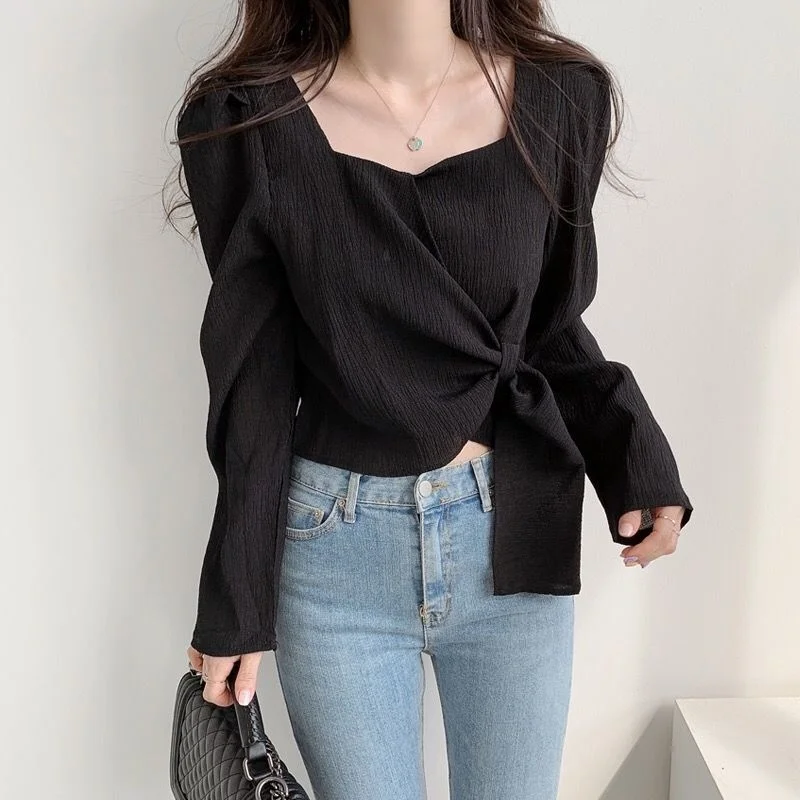 

Blouse Design Sense Of Minority Square Collar Shirt Bubble Long Sleeve Bandage Thin Temperament Shirt Spring Autumn 2022