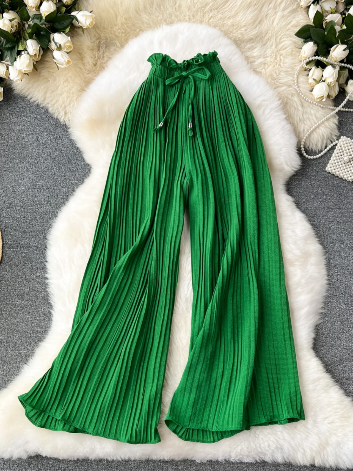 Летние Плиссированные Длинные брюки с высокой талией на шнуровке корейские