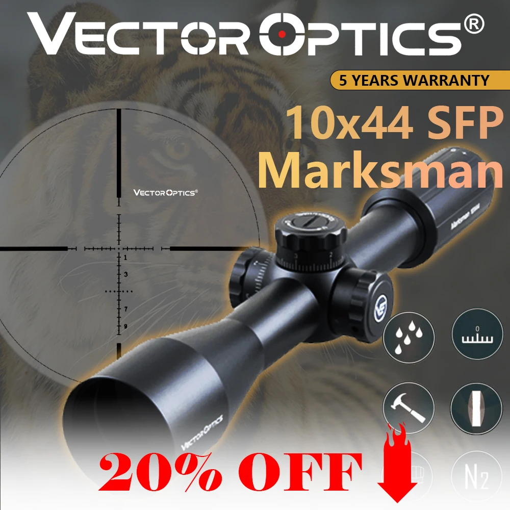 

Vector Optics Marksman 10x44 Rifle Scope Hunting Riflescope Tactical Focus 10 Yds 1/10 MIL Fits Real Firearms .308win & Airgun