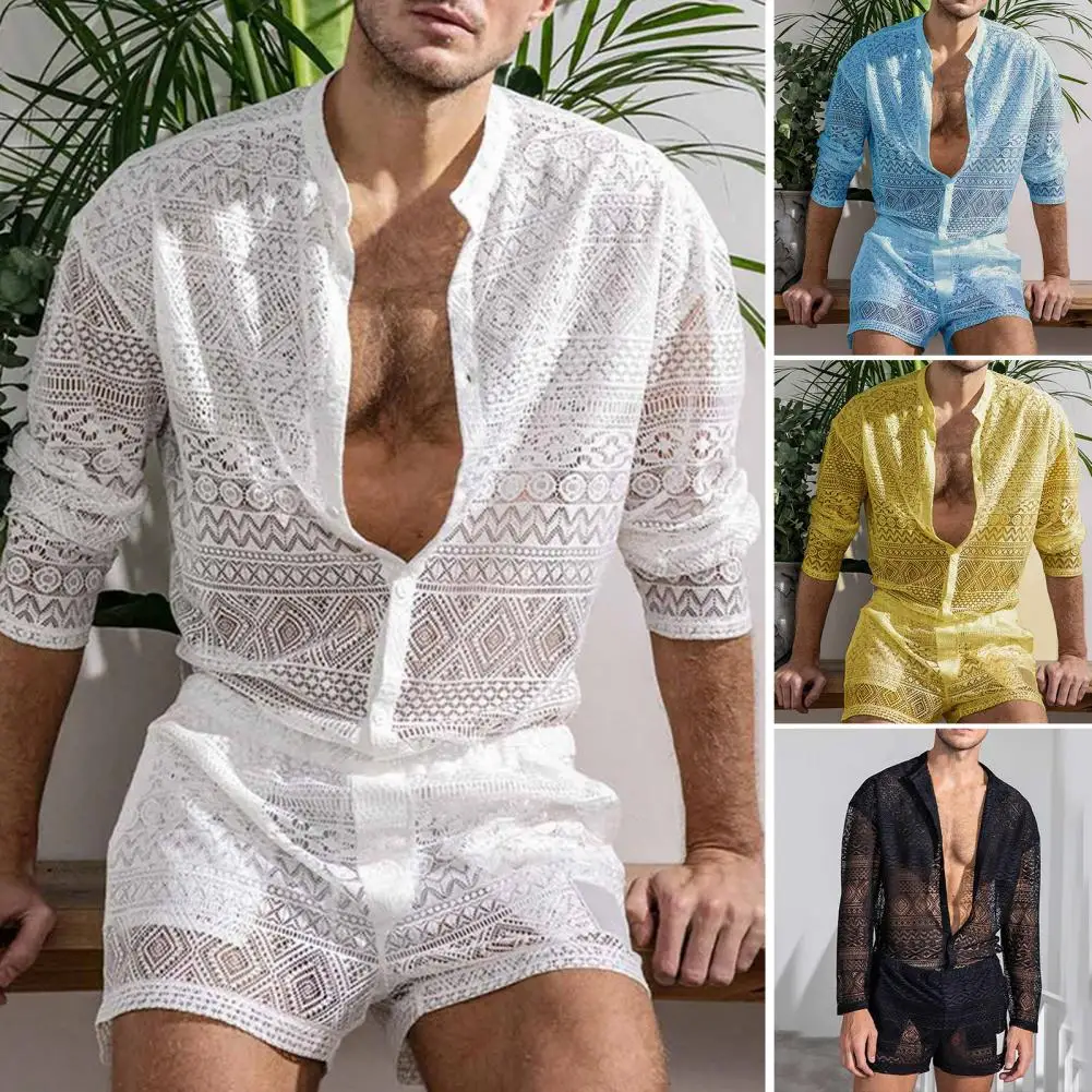Trendy Men Outfit Long Sleeve Thin Cut-out Geometric Pattern Outfit  Two Pieces Set    Men Top Shorts 1 Set