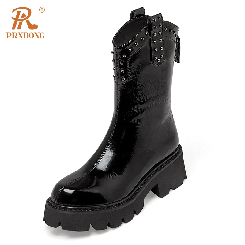 

PRXDONG New Brand Genuine Leather Chunky Heels Round Toe Black Rivets Punk Dress Party Casual Lady Ankle Boots Big Size 34-43