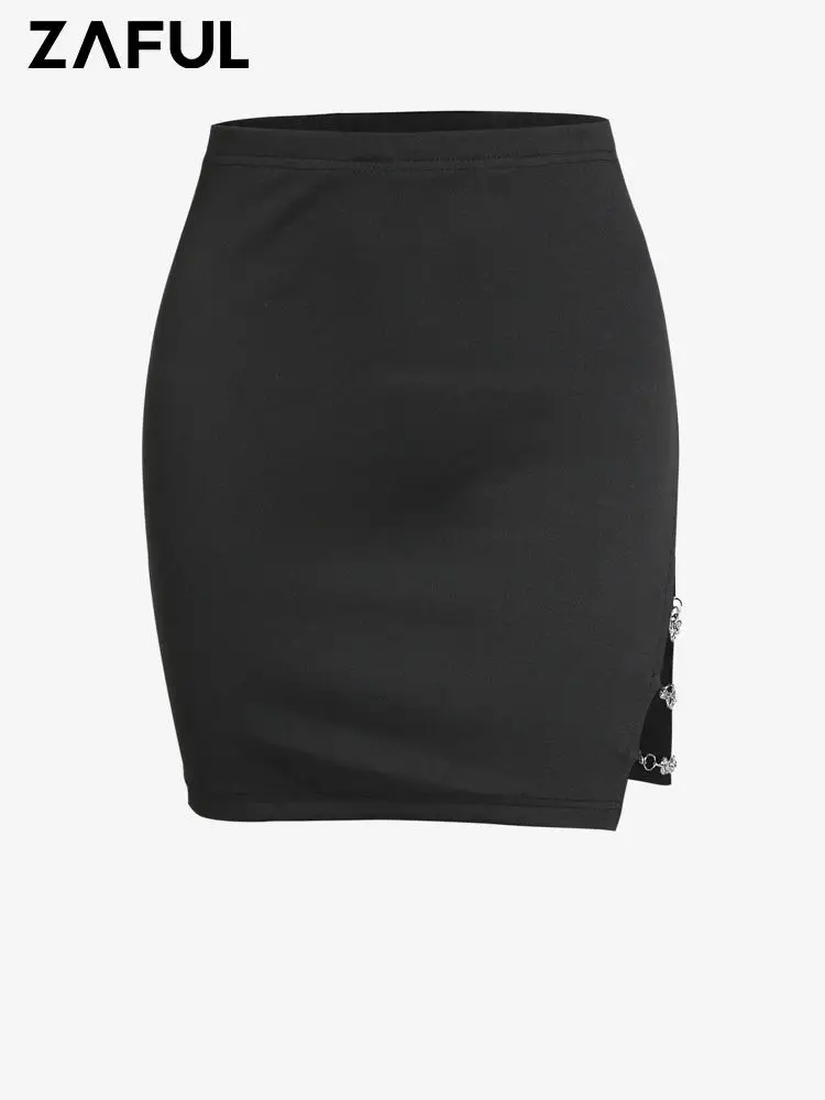 

ZAFUL Women's Slit O Ring Chain Embellished Mini Skirt Short Bodycon Solid Color Black Basic Bottom Sexy Streetwear Y2K