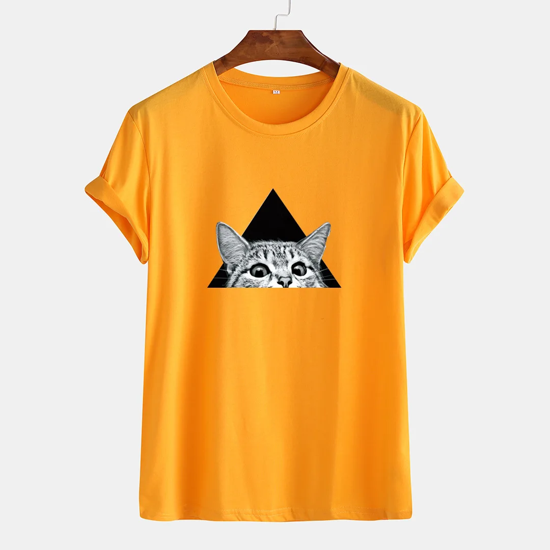 

Футболка мужская оверсайз с круглым вырезом, модная повседневная рубашка в Корейском стиле, топ из хлопка с коротким рукавом и принтом коте...