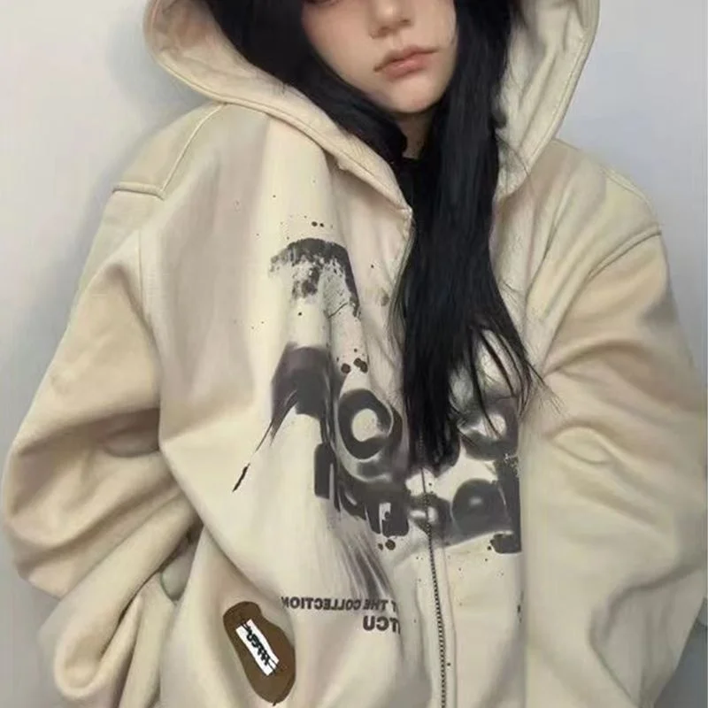 

Модная уличная одежда, темная Готическая толстовка, женское Свободное пальто с графическим принтом в стиле Харадзюку, повседневный свитшот на молнии с капюшоном, Y2k, топы в стиле панк