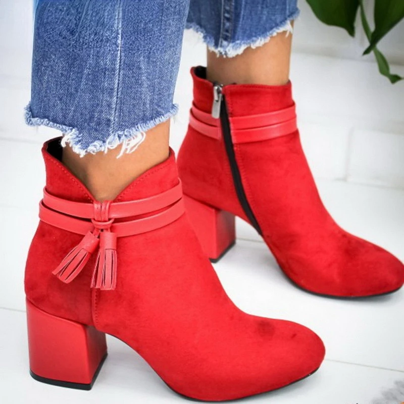 

2022 Red Tassel Ankle Shoes Women's Shoes Single Boots Autumn Winter Pointed Toe Thick with Short Boots