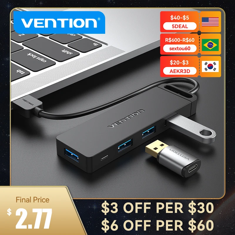 Vention USB Hub 3.0 Multi USB Splitter 4 porta USB 3.0 2.0 con alimentazione Micro carica per Lenovo Xiaomi Macbook Pro PC Hub C USB 3 0