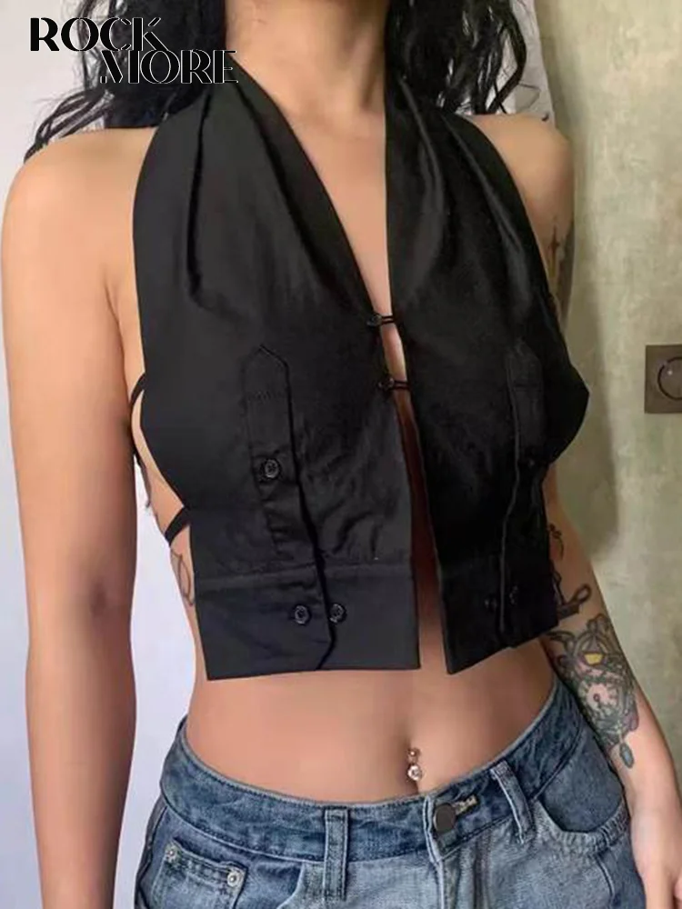 

Rockmore Black Sexy Halter Crop Shirt Tops for Women 2022 Backless Lace-up Corset Camis Summer Street Tank Top Feminino Outfits