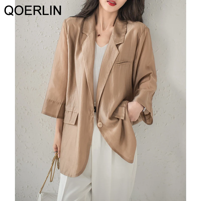 

QOERLIN S-4XL Office Stylish 3/4 Sleeve One Button Women Suit Jacket Top Trendy 2022 Thin Coat Summer Loose Transparent Blazers