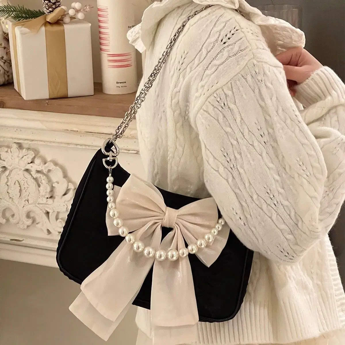 Faux Pearl Chain Women's Shoulder Crossbody Bag Female Soft Nylon Purse Small Tote Handbags Vintage Bowknot Girls Underarm Bags