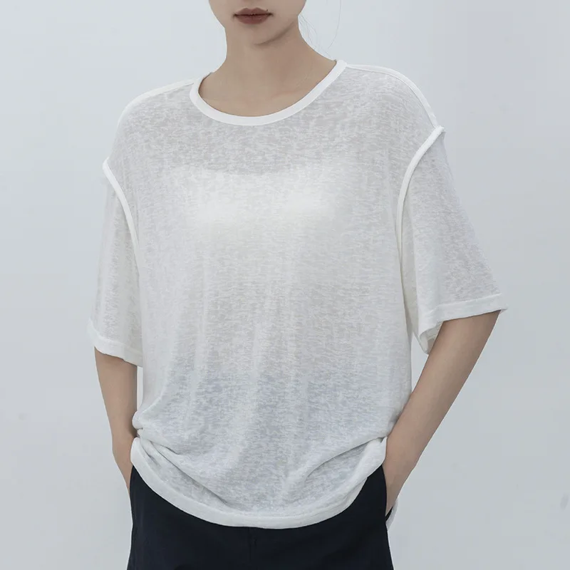 

Semi Sheer Short Sleeve Pipping T Shirt Oversize Tops