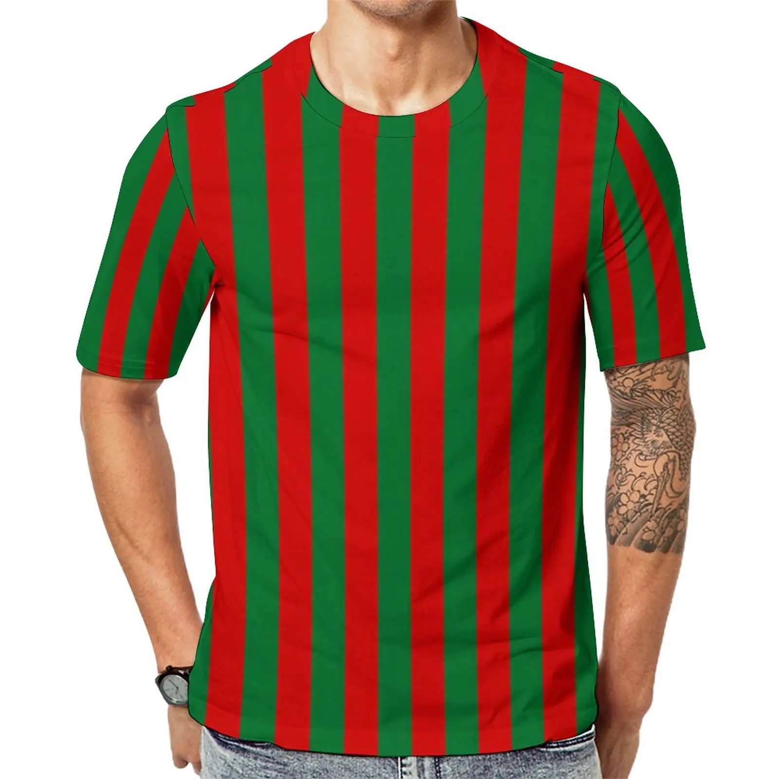 

Vertical Striped Print T-Shirt Red And Green Streetwear T Shirts O Neck Trendy Tshirt Beach Couple Design Top Tees Plus Size 6XL