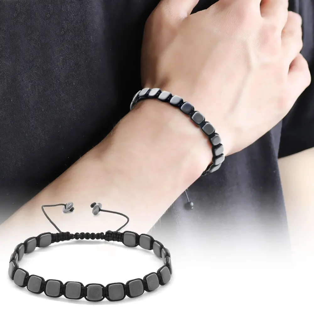 

Custom Cut Macrame Braiding Gray Hematite Natural Stone Bracelet