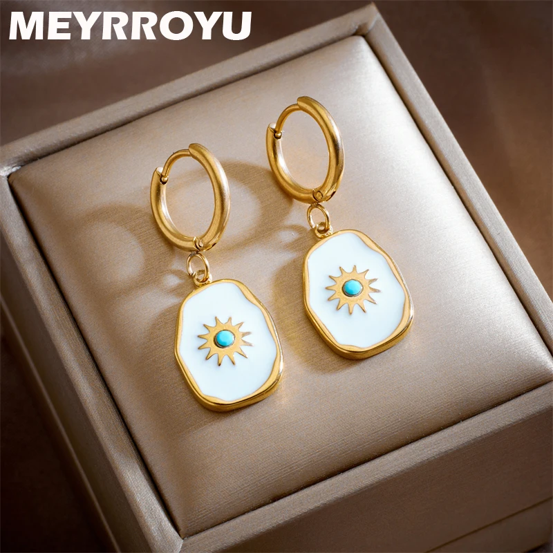 

MEYRROYU 316L Stainless Steel Gold Color Enamel Sunflower StoneHoop Earrings for Women Statement Jewelry Gift Bijoux Waterproof