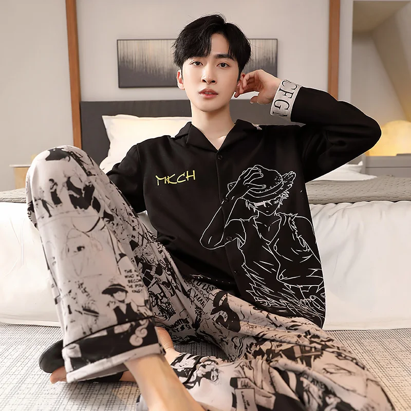 Spring Men Cotton Pajamas 2 Pieces Homewear Cartoon Anime Japan Pijama Nightwear Long Sleeves Black Sleepwear for Young Students