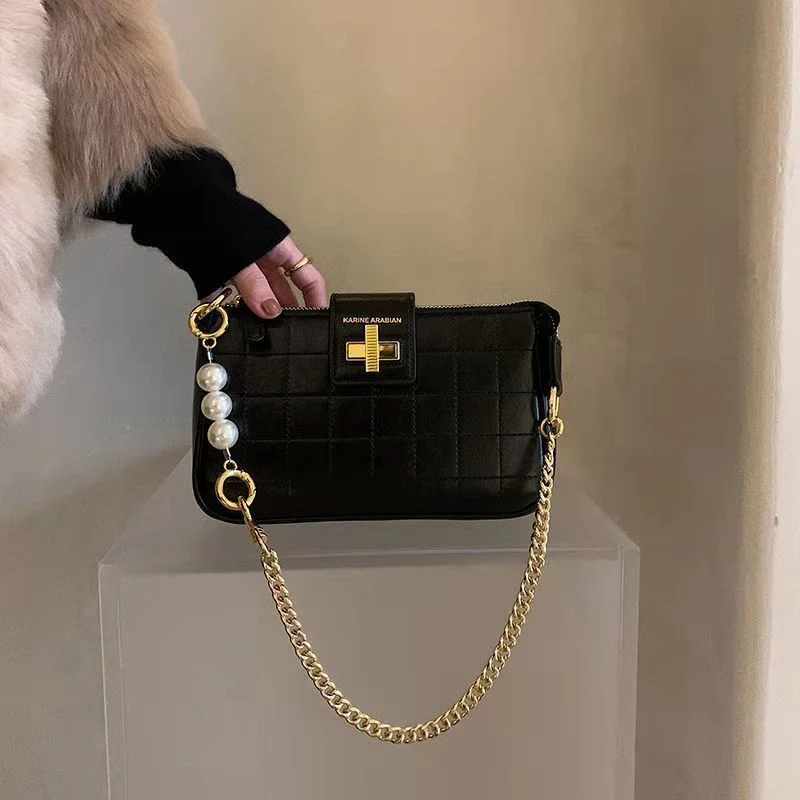 

Xiuya Elegant Underarm Shoulder Bag 2023 Trendyol Handbags for Women All-match PU Leather Chain Pearls Fashion Lady Casual Bag