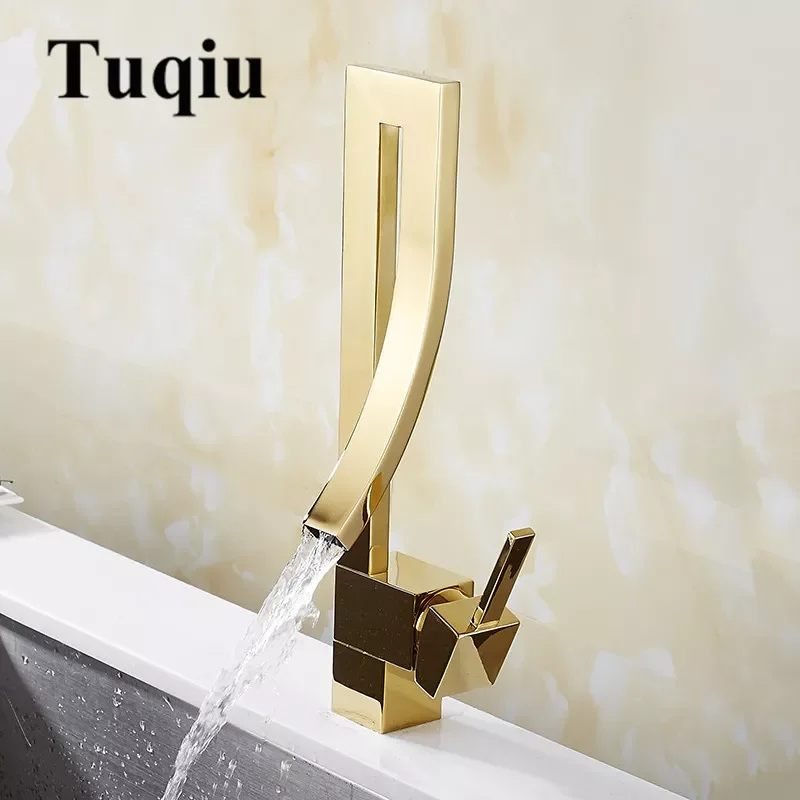 

Basin Faucets Gold Brass Faucet Square Bathroom Sink Faucet Single Handle Deck Mounted Toilet Hot And Cold Mixer Water Tap