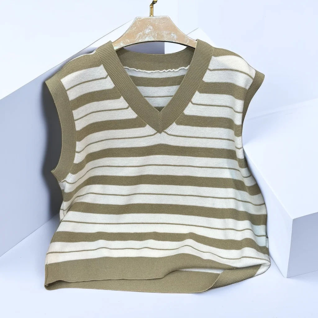 

Casual Style Striped Vest Sleeveless T-shirt Young Women Summer and Autumn Loose Knit Thin Short Waistcoat