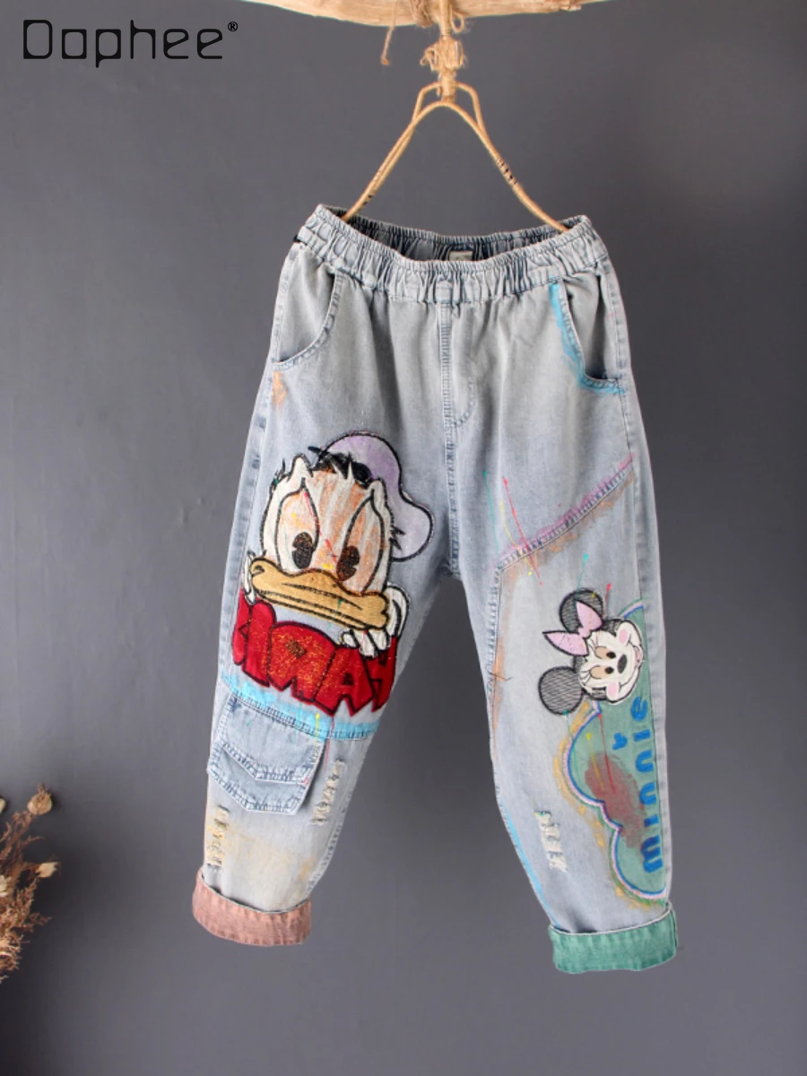 Summer Thin Cropped Pants for Women Korean Style Cartoon Patch Painted High Waist Light Color Casual Pants Trendy Harem Pants