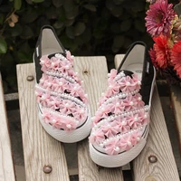 women sneakers summer casual shoes white slip on lace flowers pearl diamond ribbon thick soled flat student