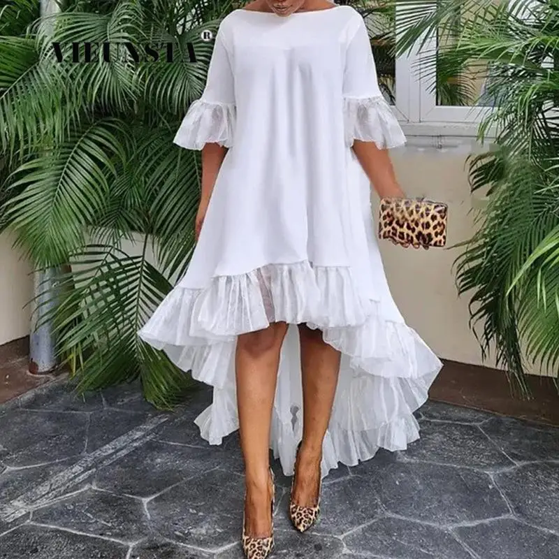 

Autumn Flare Sleeve Pullover Women Maxi Dress Female Street Mesh Long Dress Vestidos Vintage Loose O-Neck Irregular Ruffle Dress