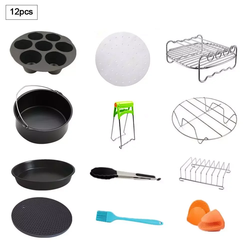 

12 IN 1 Air Fryer Accessories Baking Cake Basket Grill Pizza Dish For 3.7-5.8qt