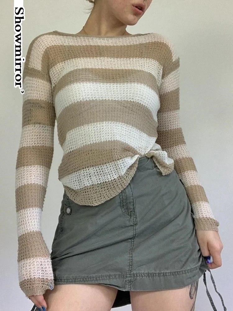 

Showmirror 2022 полосатый вязаный свитер Y2K, топы, женские осенние пуловеры в стиле преппи с круглым вырезом и длинным рукавом, винтажный корейский ...