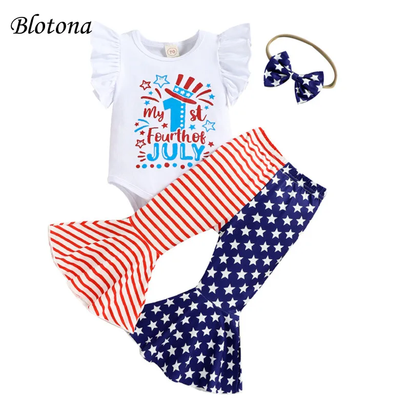 

Детский комплект для девочек от Blotona, комбинезон с рукавами-летячими буквами + длинные штаны с принтом в виде звезд + повязка на голову, на воз...