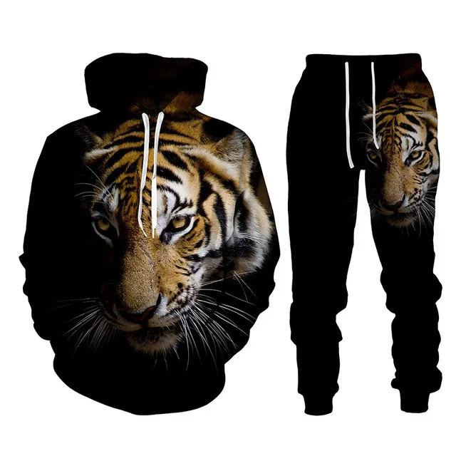 Hoodie Tracksuit Suit Long Sleeve Lion Print Men Spring And Autumn 2-Piece Set Oversized Pant Street Jogger Clothing