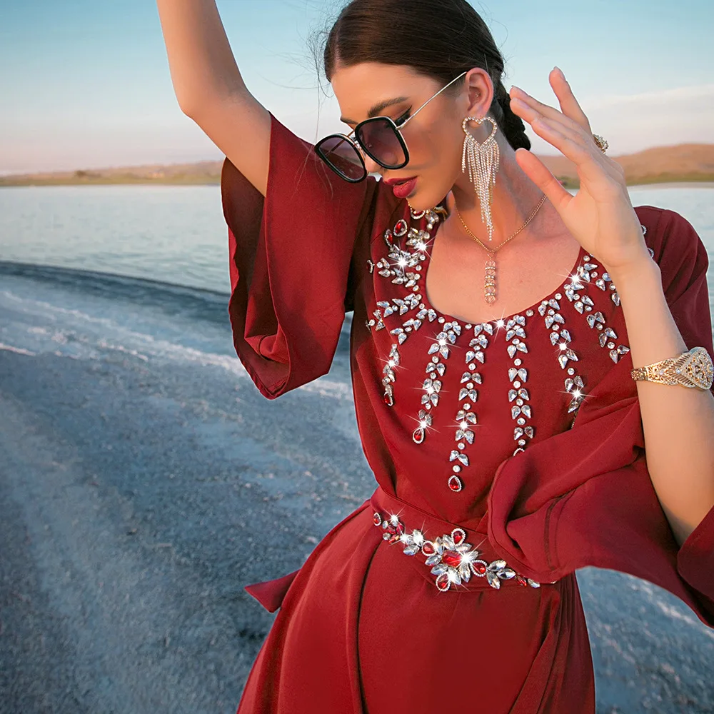 Women Dress with Belt Diamond Muslim Abaya Dubai Kaftan Islamic Clothing Evening Party Gown Caftan Marocain Djellaba Eid Ramadan