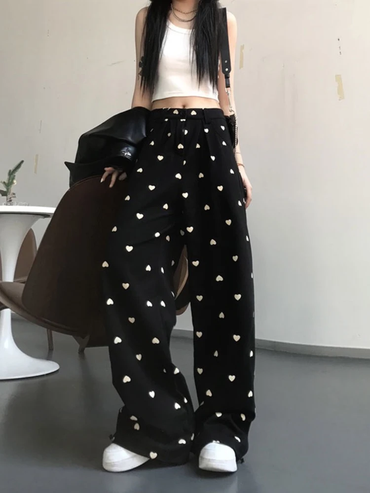 ADAgirl Black Heart Print Trousers Harajuku Straight Pants Women High Wasit Causal Joggers Female Oversized Streetwear Bottoms