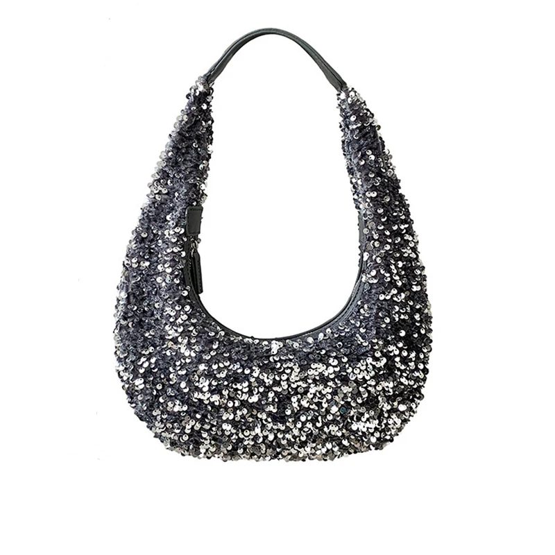 

2023 New Fashion Zipper Women‘s Bag Korean Designer Glitter Small Handbags Shiny Half Moon Ladies Shoulder Bag Whole Sale