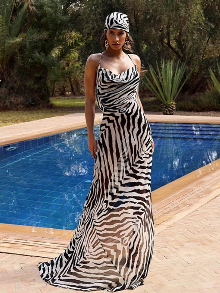 

Women's Summer Dress Beach Backless Dress Off Shoulder Zebra Print Casual Elegant Strap Sexy Sleeveless Maxi Dresses for Women