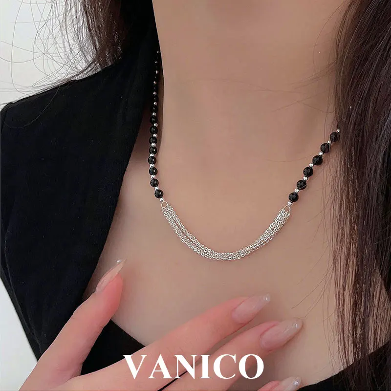 

Mini Beads Onyx and Layered Chain Necklace 925 Sterling Silver Simple Classic Black Agate Gemstone Layering Necklace For Women