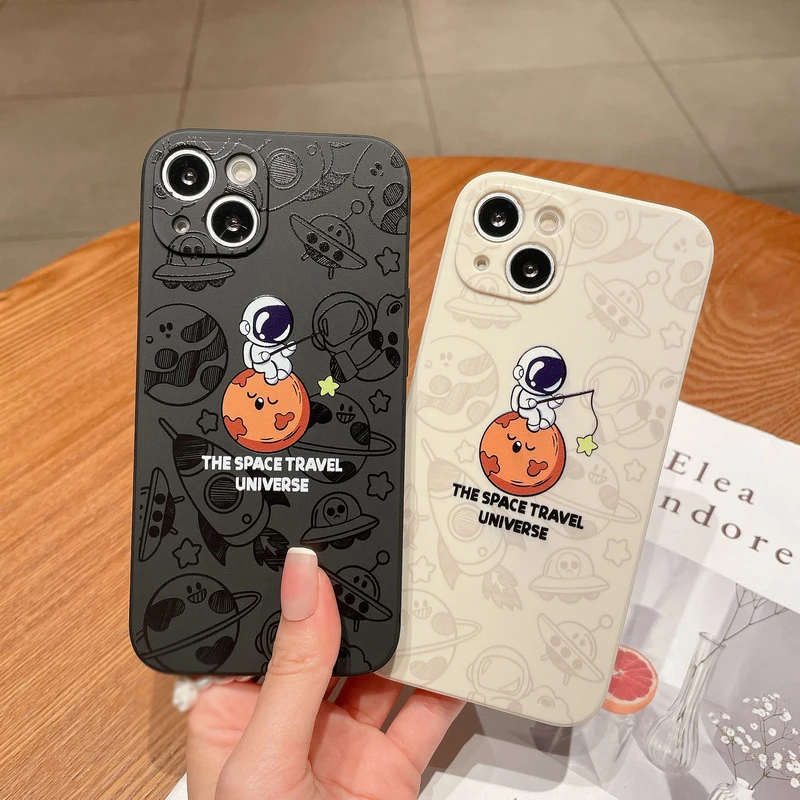 

Creative Astronaut Phone Case For iPhone 14 11 12 13 Pro Max XS XR X 8 7 Plus SE 20 Cute Cartoon Silicone Soft Bumper Back Cover