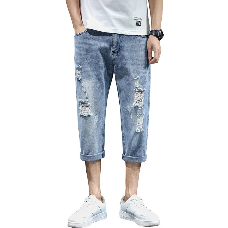 Summer Blue Ripped Jeans Men Slim Fashion Casual Straight Jeans Men Streetwear Hip Hop Hole Denim Pants Mens Cropped Pants