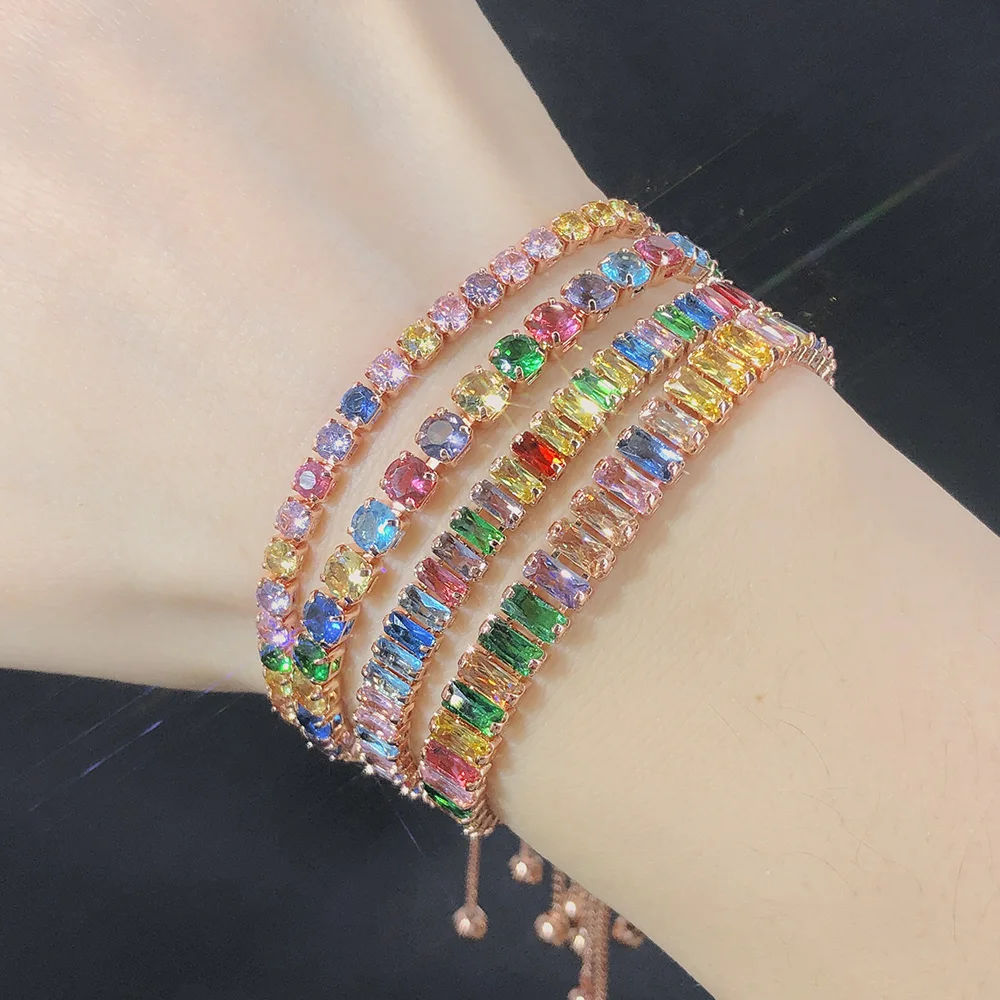 

Colorful Tennis Bracelet for Teen Girl Korean Fashion Gold Color Zircon Chains on Hand Friend Gift Women Rainbow Crystal Jewelry