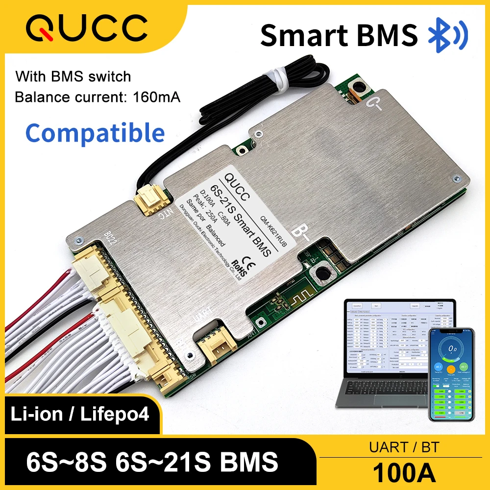 Qucc Smart BMS 8S 10S 12S 13S 15S 16S 20S 24V 36V 48V 100A Balance Board With Internal Bluetooth For 6S to 21S Li ion Lifepo4