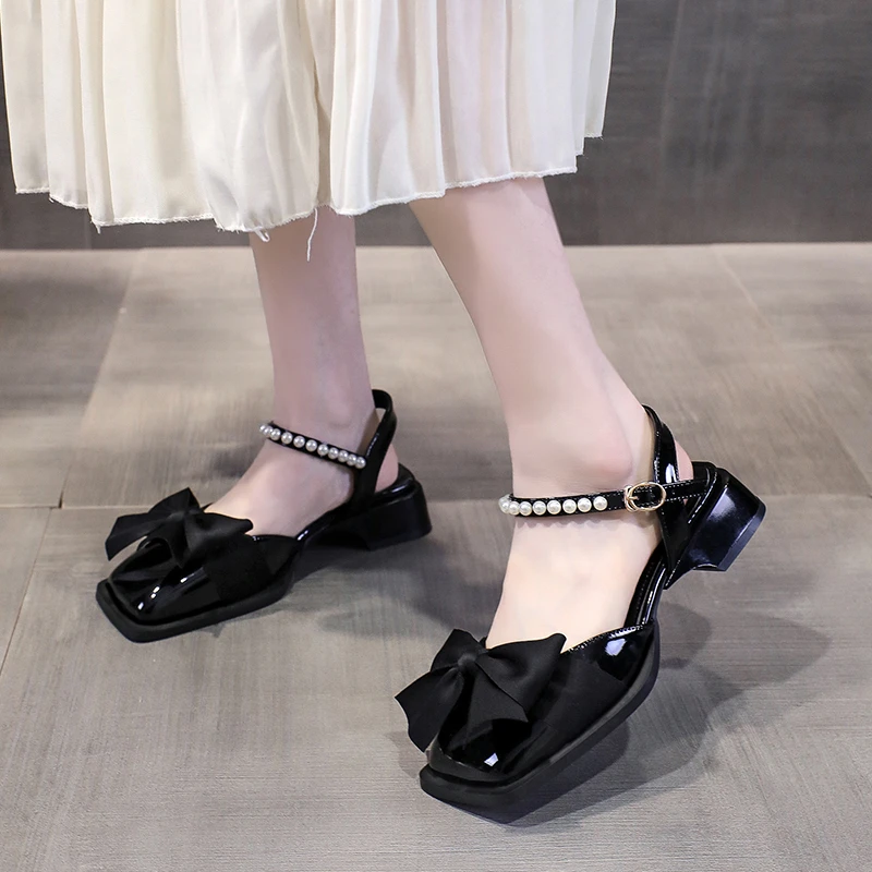 

2023 Women's Bow Loafers Summer Square Head Women's Single Shoe Classic Thick Heel Soft Leather Women Shoe Zapatos De Mujer