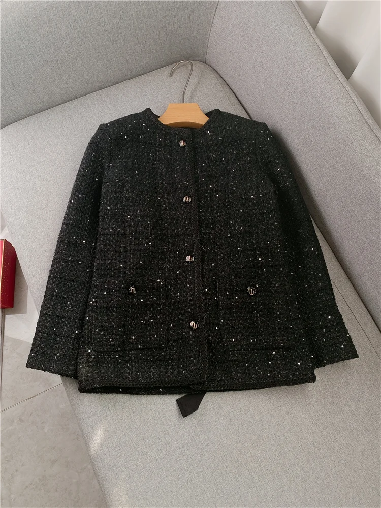 Tweed Bowknot Round Neck Coat Women's 2023 New Commuter Belt Single Breasted Long Sleeve Slim Slim Sequins Coat Jacket