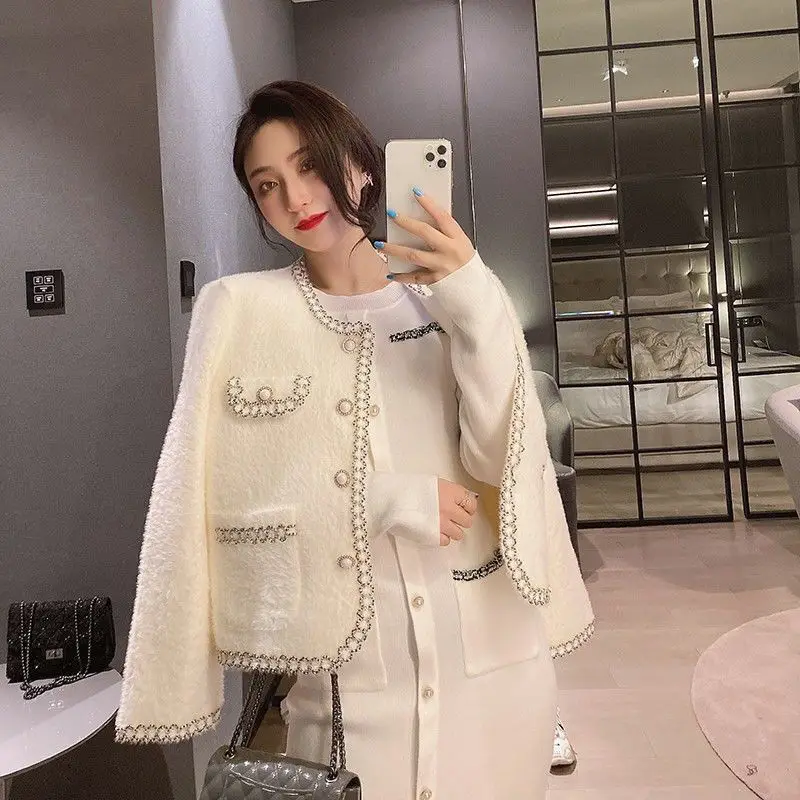 

Women Elegant Imitation Mink Cashmere Sweater Jacket Spring Autumn Fashion Short Knitted Cardigan O-Neck Long Sleeve Coat E340