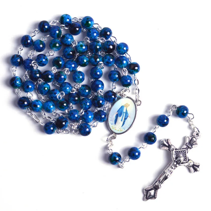 

Vintage Cross Rosary Necklace 6mm Round Blue Glass Beads Virgin Mary Jesus Pendant Necklace Women Catholic Religious Jewelry