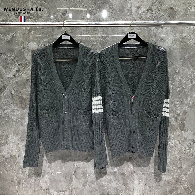 

Autumn and Winter TB Knitwear Couple's Same Yarn Dyed Four Bar Men's and Women's Korean V-neck Sweater Knitting Cardigan
