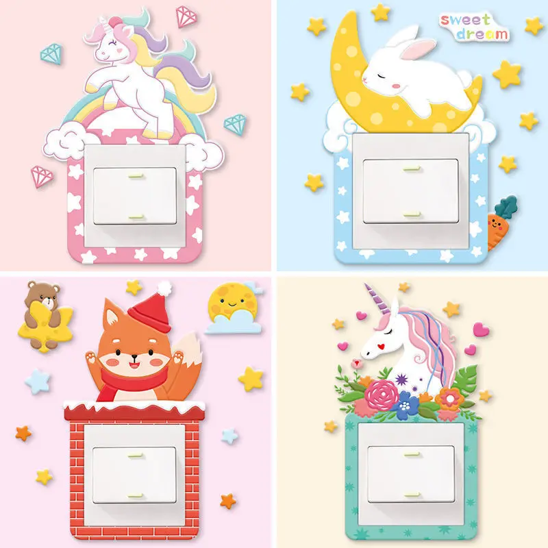 

Cartoon Animal Unicorn Flamingo Switch Wall Sticker 3D Silicone On-off Luminous Outlet Switch Sticker Room Wall Decor Sticker
