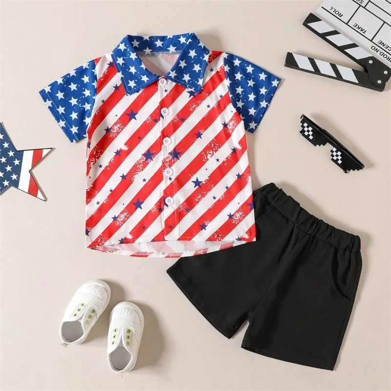 

Listenwind 1-5Y Toddler Boys 4th of July Outfits Short Sleeve Stars and Stripes Print Shirt + Shorts Set For Independence Day