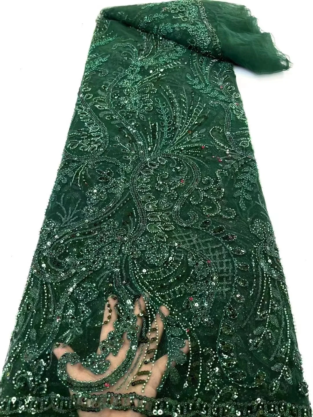 

Green Hot Sale Africa Lace Fabric High Quality French Tulle Lace Fabric Handmade Sequins Embroidered Lace Fabric for Dress
