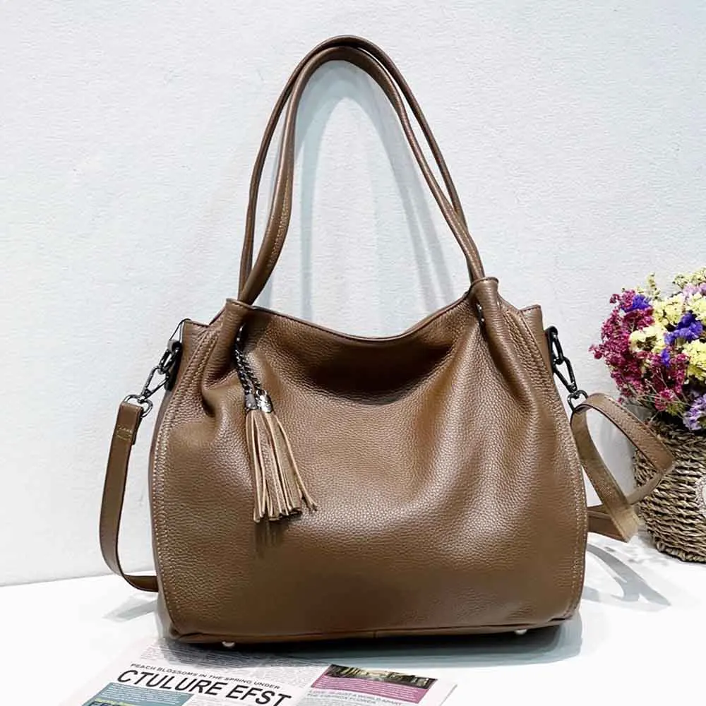 

Motingsome Soft Litchi Grain Genuine Leather Tote Bag for Women Tassel Handbag Luxury Cowhide Ladies Shoulder Handbag 2022 New