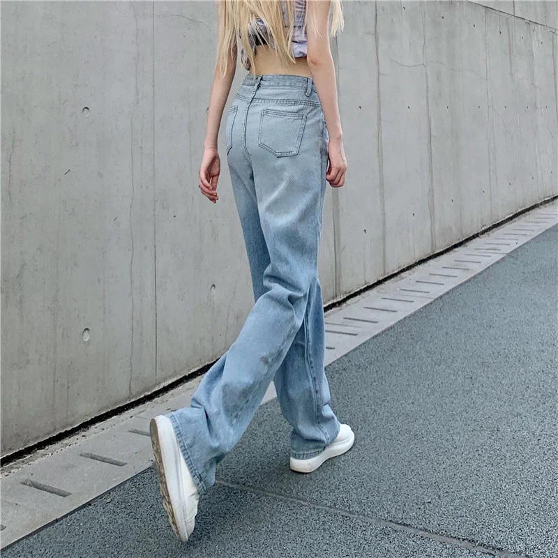 Women Summer New Casual Loose Denim Pants 2023 Low Waist Mom Fit Straight Wide Leg Jeans Gradient Light Blue Baggy Jean Female
