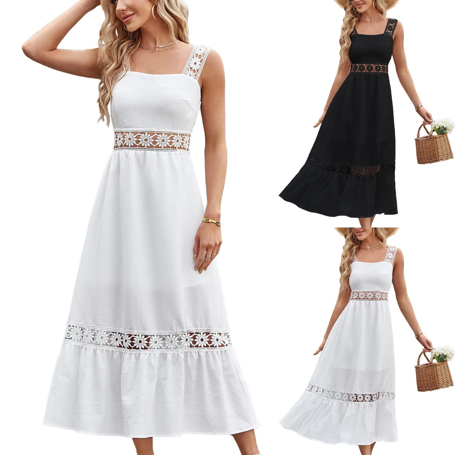 

Summer Tank Square Collar Dress Women Sleeveless Solid Long Dress Chic Sweet Boho Female Clothing Holiday Beach Flower Hollow