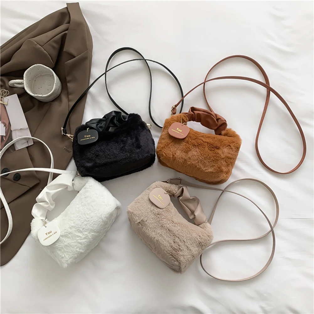 

Soft Plush Women Shoulder Bag Furry Fluffy Crossbody Bag PU Strap Cloud Fold Top-handle Bag Casual Solid Color Female Tote Purse