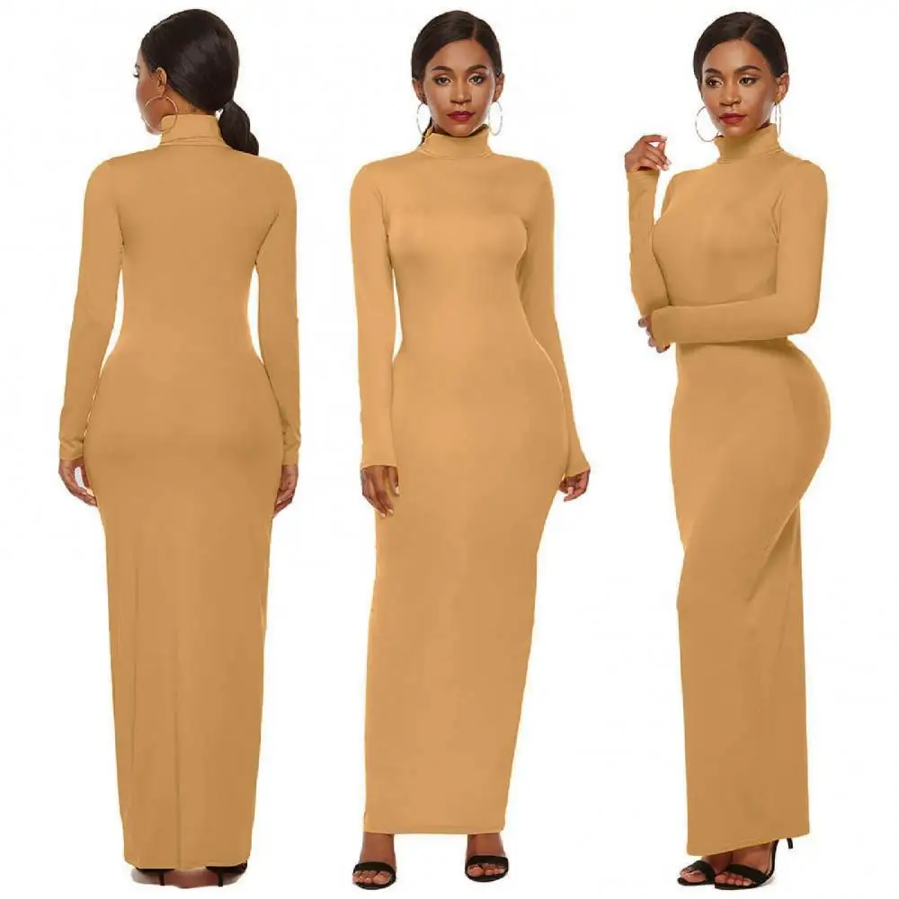 

Plus Size Party Solid Color Women Long Sleeve Turtleneck Bodycon Maxi Dress Solid Color, Bodycon, Comfortable Solid color style,